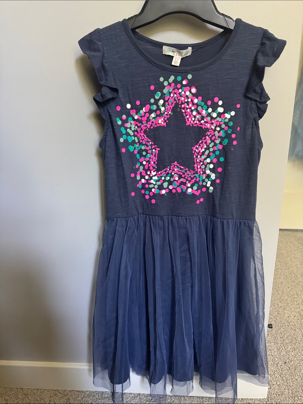 NWT Girls 12 Love Fire Dress Navy Blue Pink Star Sequin $44 Retail